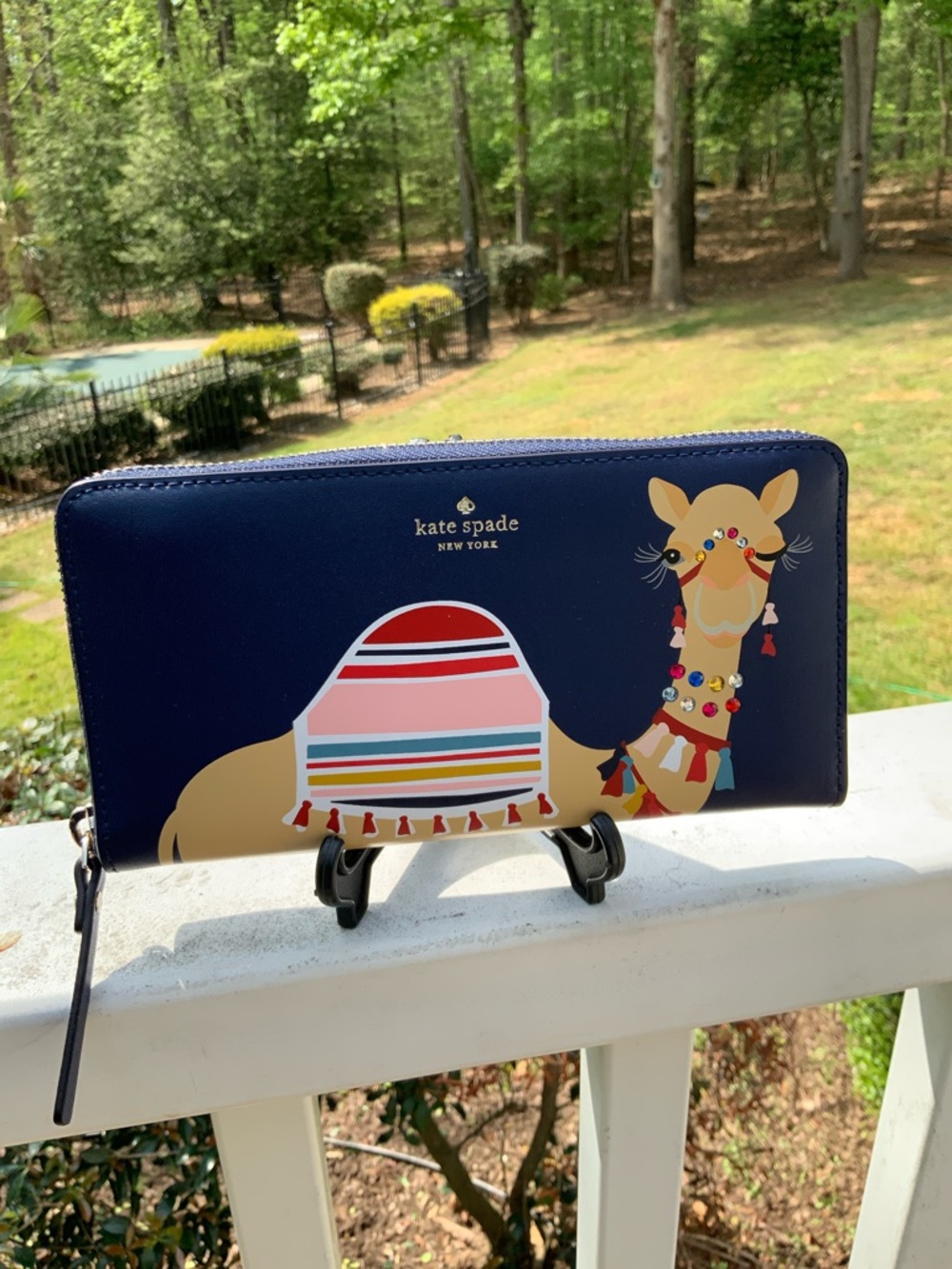kate spade Novelty Camel Leather navy gold zip-around continental wallet EUC - Picture 3 of 16